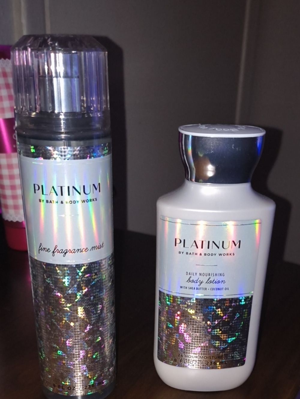 Bath & Body Works Platinum holographic silver & white moisturizer set